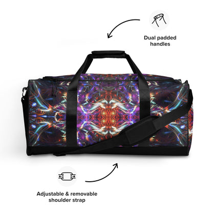 White duffle bag printed with the "Dragon Heart" design, front view showing the zip pocket and handles.