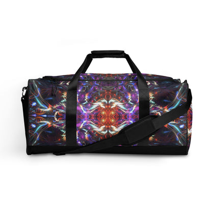 White duffle bag printed with the "Dragon Heart" design, front view showing the zip pocket and handles.