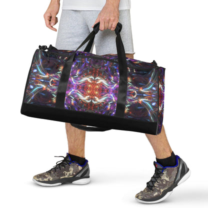 White duffle bag printed with the "Dragon Heart" design, front view showing the zip pocket and handles.
