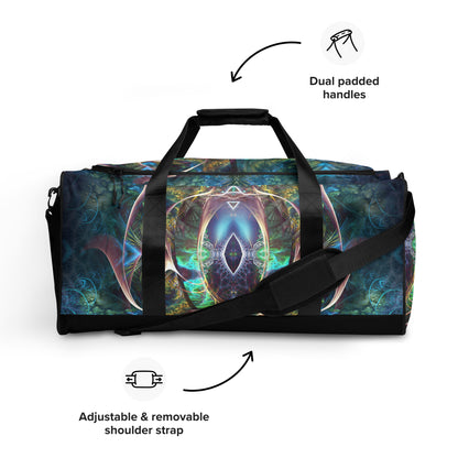 White duffle bag printed with the "Fluer de Vie" design, front view showing the zip pocket and handles.