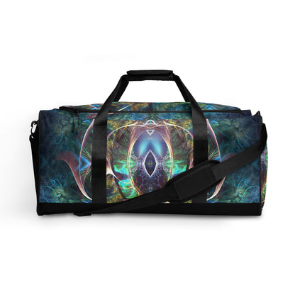 White duffle bag printed with the "Fluer de Vie" design, front view showing the zip pocket and handles.