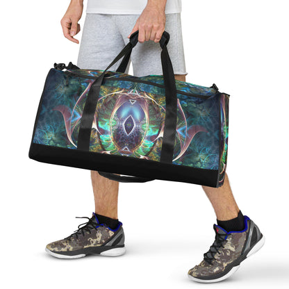 White duffle bag printed with the "Fluer de Vie" design, front view showing the zip pocket and handles.