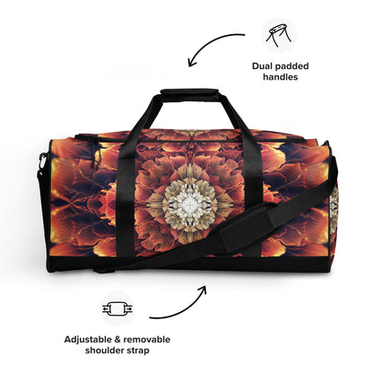 White duffle bag printed with the "Mandala Bloom" design, front view showing the zip pocket and handles.