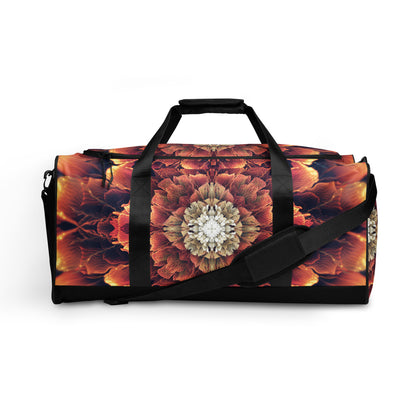 White duffle bag printed with the "Mandala Bloom" design, front view showing the zip pocket and handles.