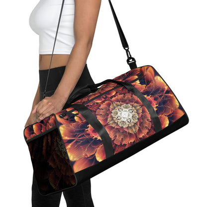 White duffle bag printed with the "Mandala Bloom" design, front view showing the zip pocket and handles.