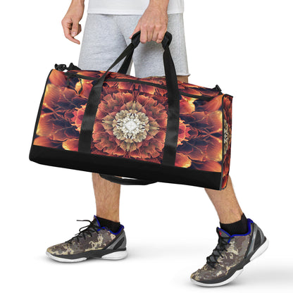 White duffle bag printed with the "Mandala Bloom" design, front view showing the zip pocket and handles.