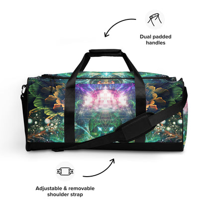 White duffle bag printed with the "Blossom / Nectar" design, front view showing the zip pocket and handles.