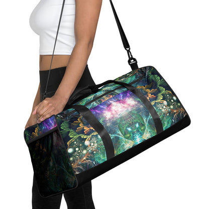 White duffle bag printed with the "Blossom / Nectar" design, front view showing the zip pocket and handles.