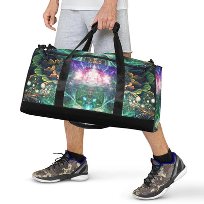 White duffle bag printed with the "Blossom / Nectar" design, front view showing the zip pocket and handles.