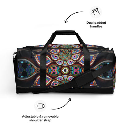 White duffle bag printed with the "The Waiting Room" design, front view showing the zip pocket and handles.