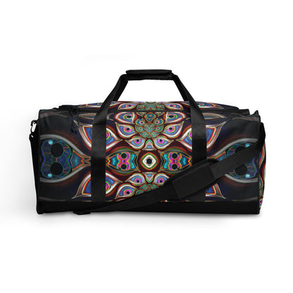 White duffle bag printed with the "The Waiting Room" design, front view showing the zip pocket and handles.