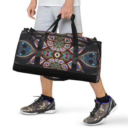 White duffle bag printed with the "The Waiting Room" design, front view showing the zip pocket and handles.