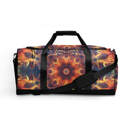 White duffle bag printed with the "Aquatic Rays" design, front view showing the zip pocket and handles.