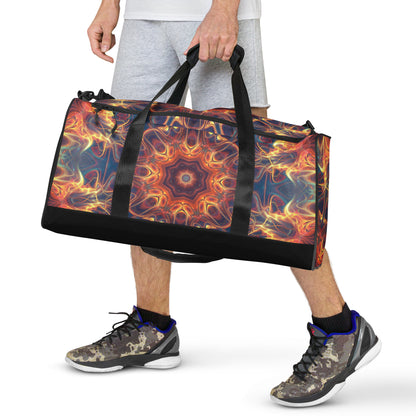 White duffle bag printed with the "Aquatic Rays" design, front view showing the zip pocket and handles.