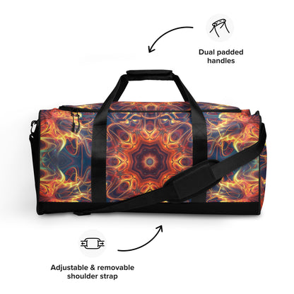 White duffle bag printed with the "Aquatic Rays" design, front view showing the zip pocket and handles.