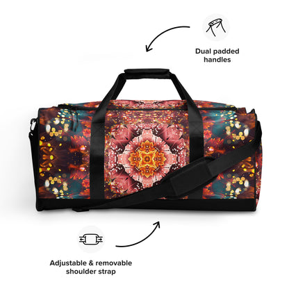 Front angle of the Reaching For Light duffle bag.