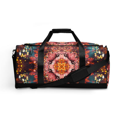 Front-facing view of the Reaching For Light duffle bag print.