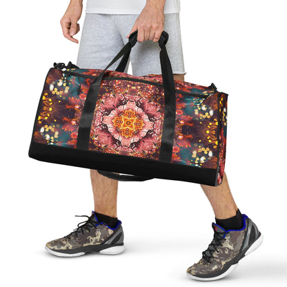 Straight-on front view of the Reaching For Light duffle bag.
