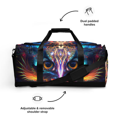 Front-facing view of the Peekaboo duffle bag print.