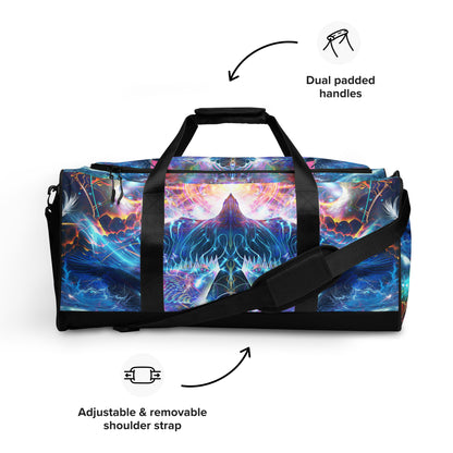 Front-facing view of the Soul Seeker duffle bag print.