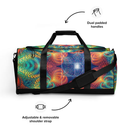 Straight-on front view of the 'Free Your Mind Fibonacci' duffle bag displaying its psychedelic artwork.