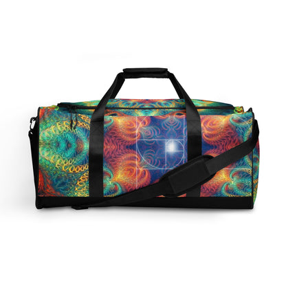 Another front view of the 'Free Your Mind Fibonacci' duffle bag showing the all-over-print pattern.