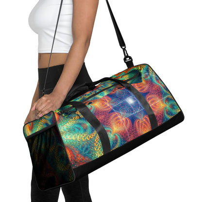 Front view of the 'Free Your Mind Fibonacci' duffle bag with its all-over-print psychedelic artwork.