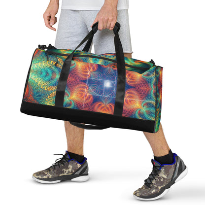 Front-facing view of the 'Free Your Mind Fibonacci' duffle bag showing the full all-over-print design.
