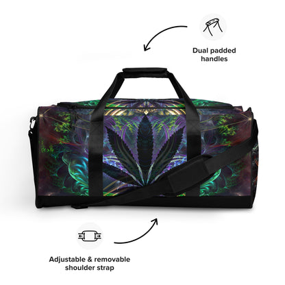 Another front view of the 'Heightened Stroll' duffle bag showing the all-over-print pattern.