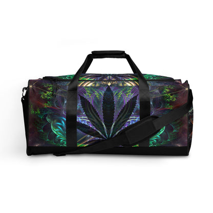 Front view of the 'Heightened Stroll' duffle bag with its all-over-print psychedelic artwork.