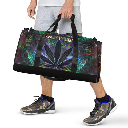 Straight-on front view of the 'Heightened Stroll' duffle bag displaying its psychedelic artwork.