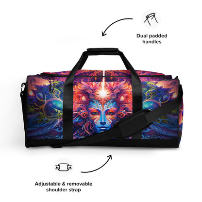 Front-facing view of the 'Sacred Vine' duffle bag with its full psychedelic print design.