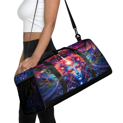 Close front view of the 'Sacred Vine' duffle bag showing the all-over-print artwork in detail.