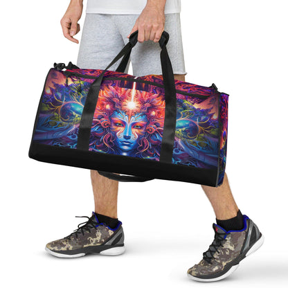 Straight-on front view of the 'Sacred Vine' duffle bag in its psychedelic print pattern.