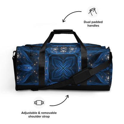 Front view of the 'Inner Sanctum' duffle bag with its all-over-print psychedelic artwork.