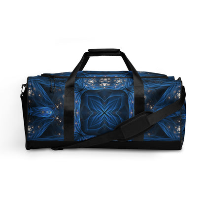 Straight-on front view of the 'Inner Sanctum' duffle bag displaying its psychedelic artwork.