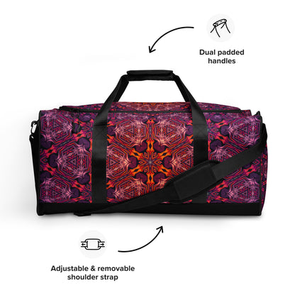 Close front view of the 'Forged In Neon' duffle bag showing the all-over-print artwork in detail.