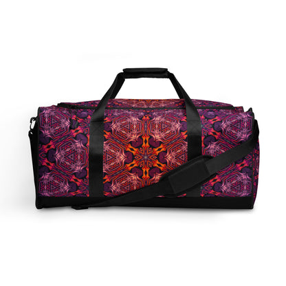 Front view of the 'Forged In Neon' duffle bag showing its psychedelic all-over-print artwork.