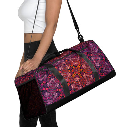 Front-facing view of the 'Forged In Neon' duffle bag with its full neon psychedelic print design.