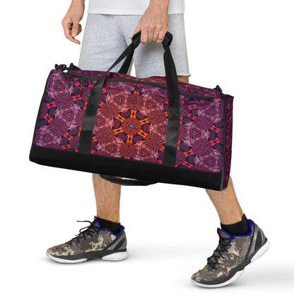 Straight-on front view of the 'Forged In Neon' duffle bag in its psychedelic print pattern.