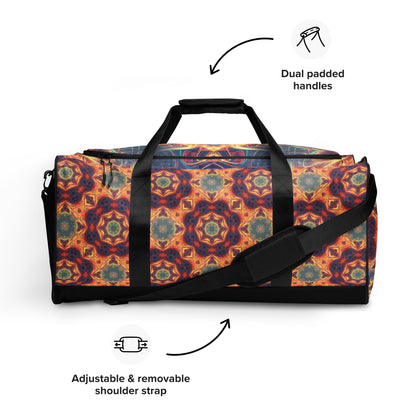 Front view of the 'Aquatic Rays' duffle bag showing its psychedelic all-over-print artwork.