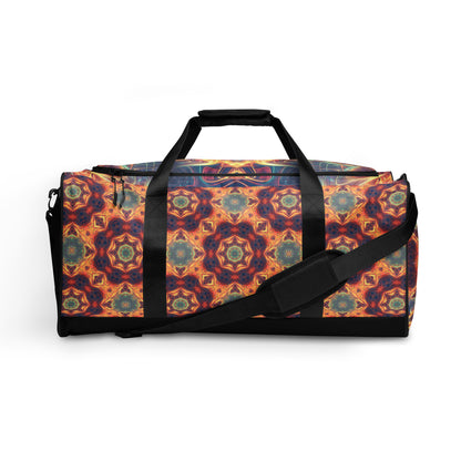 Another front view of the 'Aquatic Rays' duffle bag highlighting the psychedelic print design.
