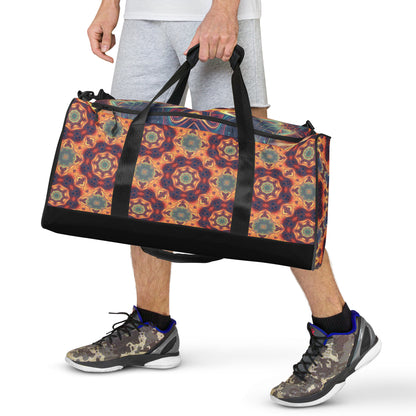 Front-facing view of the 'Aquatic Rays' duffle bag with its full psychedelic print visible.