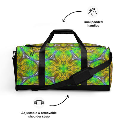 Close front view of the 'Activation Initiated' duffle bag showing the all-over-print pattern.