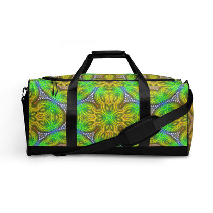 Front-facing view of the 'Activation Initiated' duffle bag with its full psychedelic print visible.