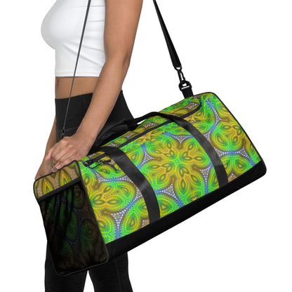 Front view of the 'Activation Initiated' duffle bag showing its psychedelic all-over-print artwork.