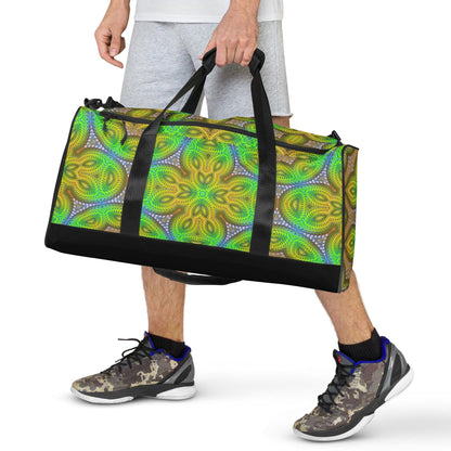 Another front view of the 'Activation Initiated' duffle bag highlighting the psychedelic print.
