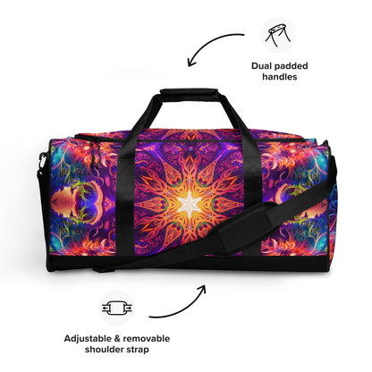 Straight-on front view of the Sacred Circle duffle bag showing the zipper pocket and cosmic print design.