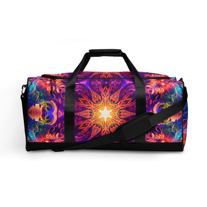 Front view of the white Sacred Circle duffle bag with the adjustable padded shoulder strap draped across the top.