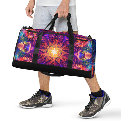 Front-facing view of the Sacred Circle duffle bag highlighting the T-piping along the seams for stability.